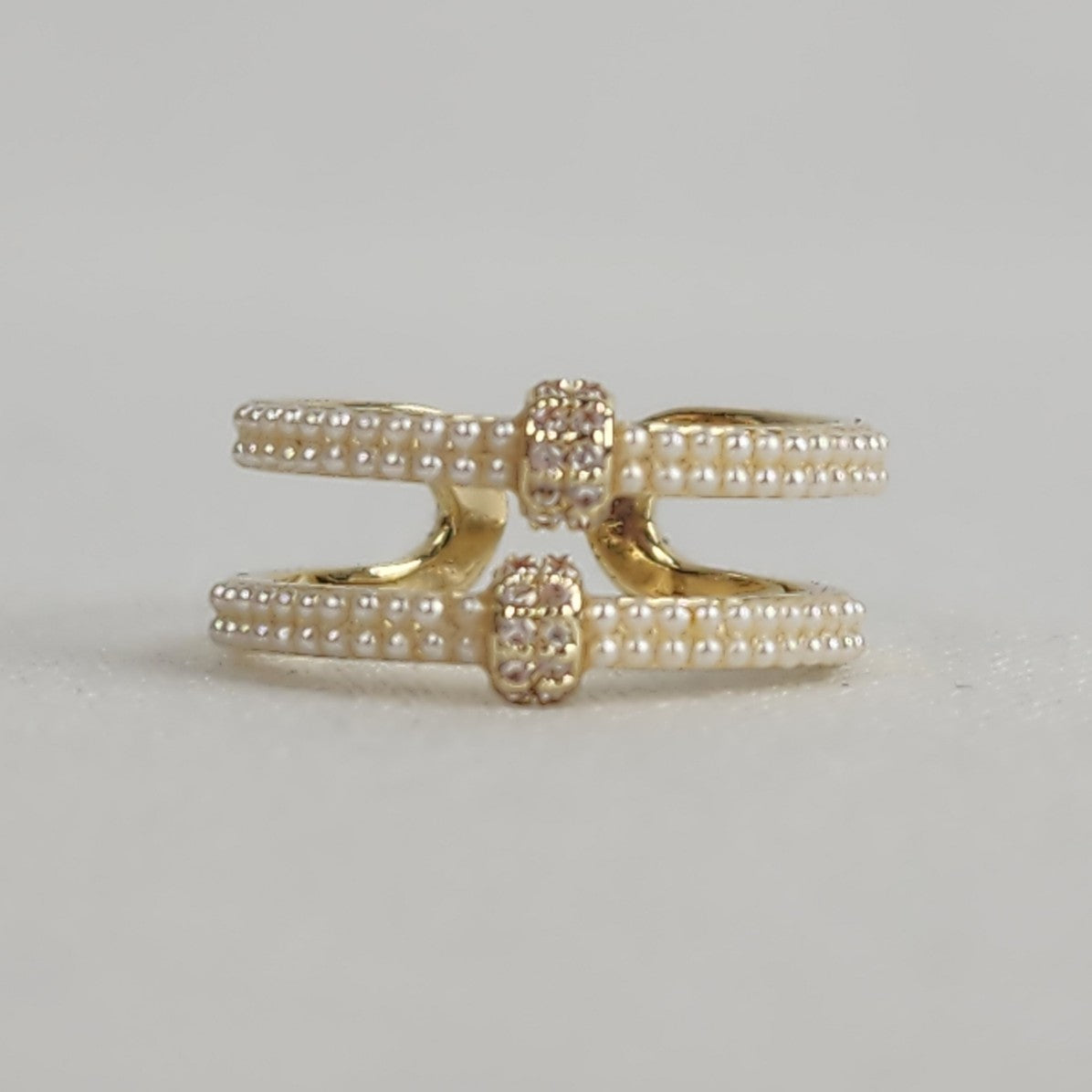 Gold Tone Faux Pearl Crystal Adjustable Ring