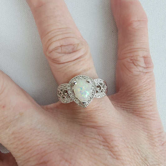 Silver Tone Faux Opal Stone Ring Size 8