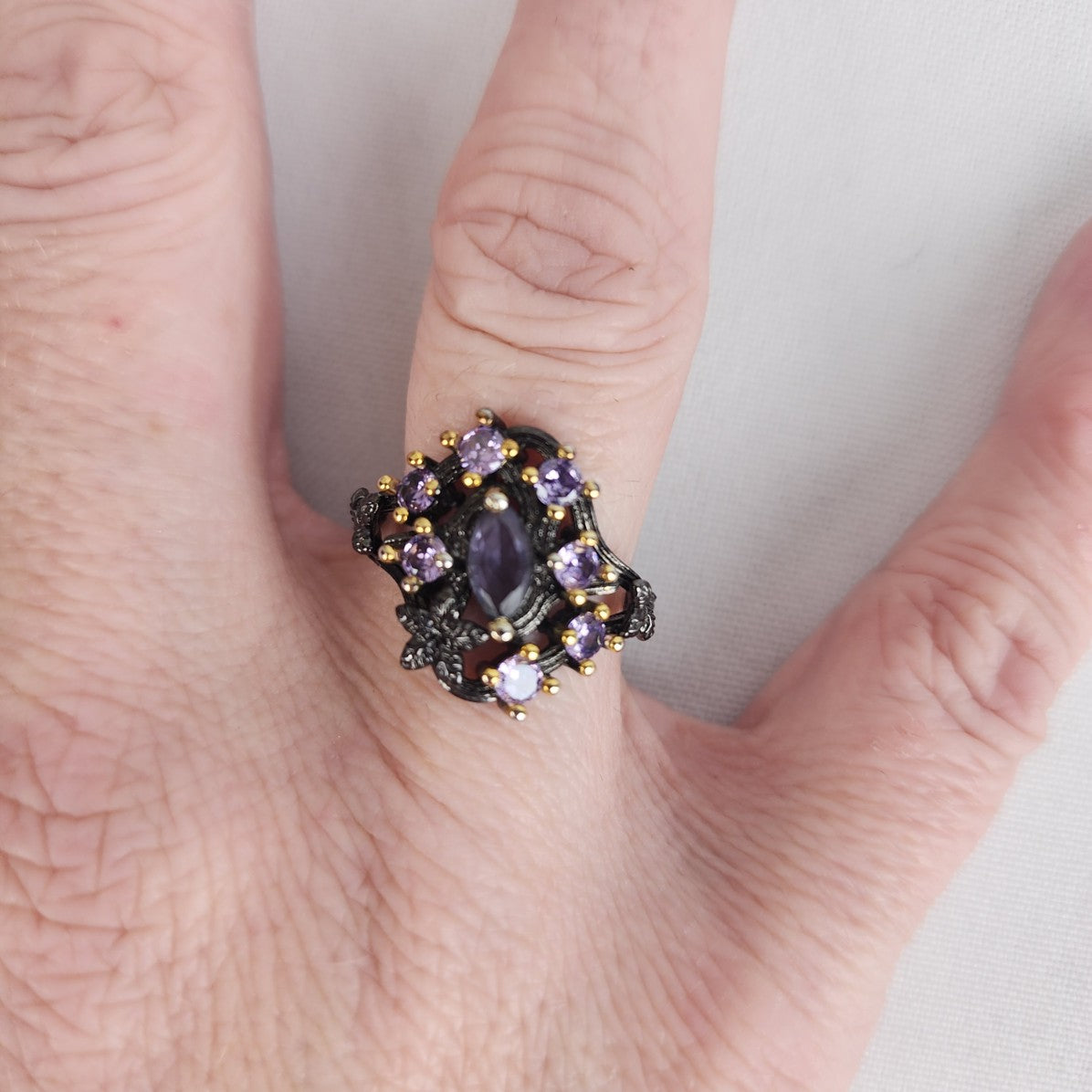 S925 Black & Purple Crystal Ring Size 7.75