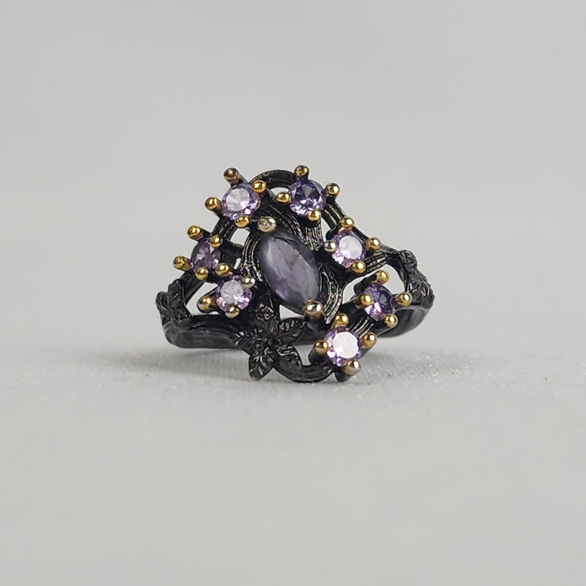 S925 Black & Purple Crystal Ring Size 7.75