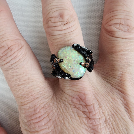 Black Enamel Faux Opal Medieval Ring Size 9