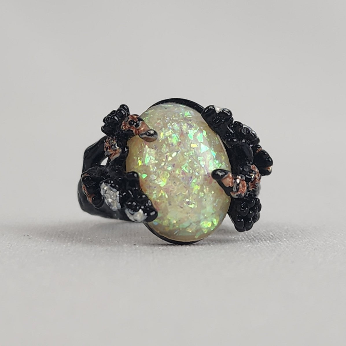 Black Enamel Faux Opal Medieval Ring Size 9