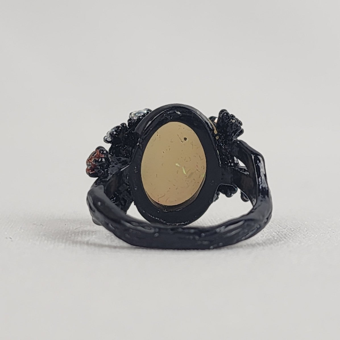 Black Enamel Faux Opal Medieval Ring Size 9