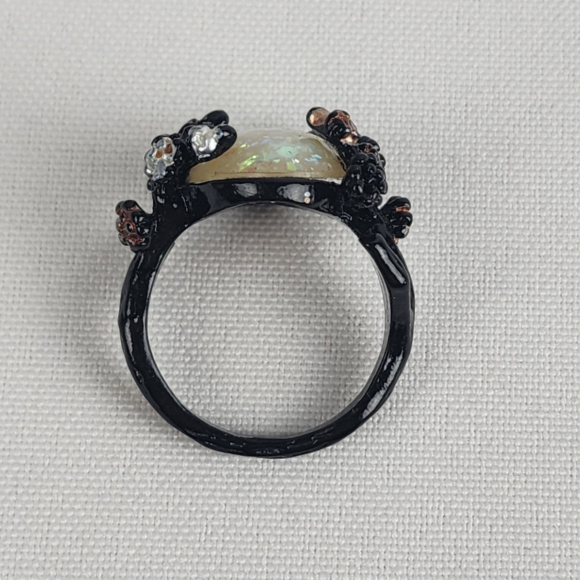 Black Enamel Faux Opal Medieval Ring Size 9