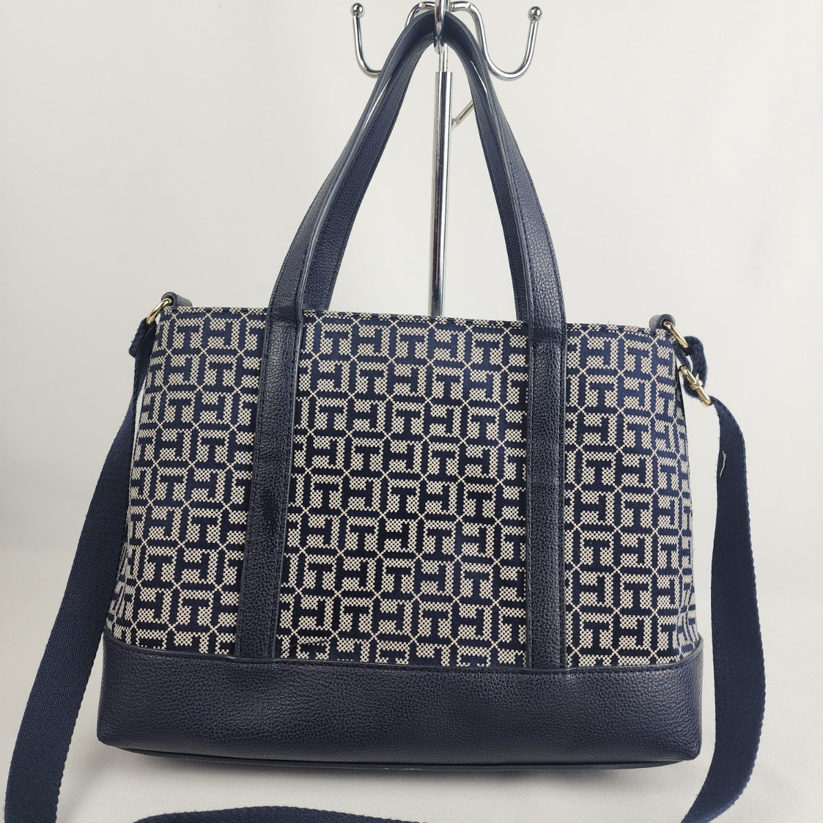 Tommy Hilfiger Navy Blue Monogram Satchel Crossbody Purse