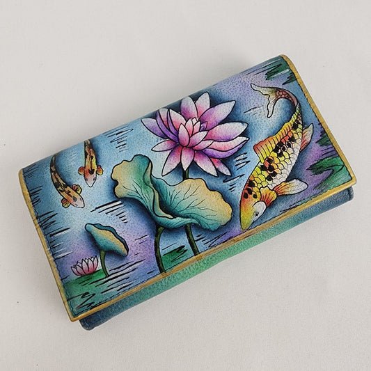 Anuschka Koi Fish Lily Pond Hand Painted Leather Wallet