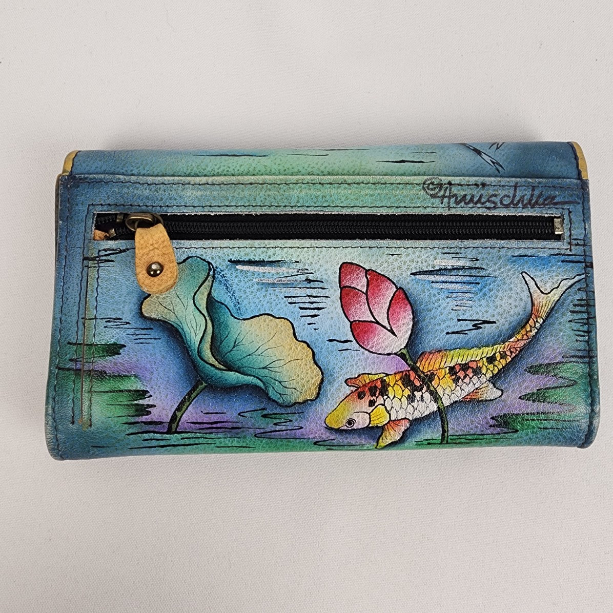 Anuschka Koi Fish Lily Pond Hand Painted Leather Wallet