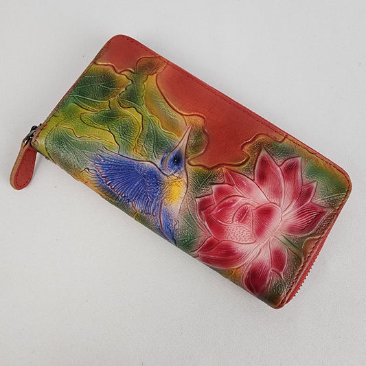 Red tooled Leather Floral Zip Around Wallet