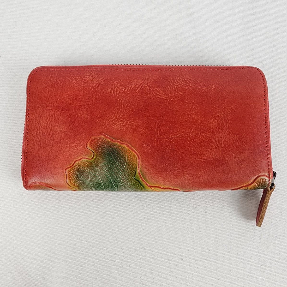 Red tooled Leather Floral Zip Around Wallet