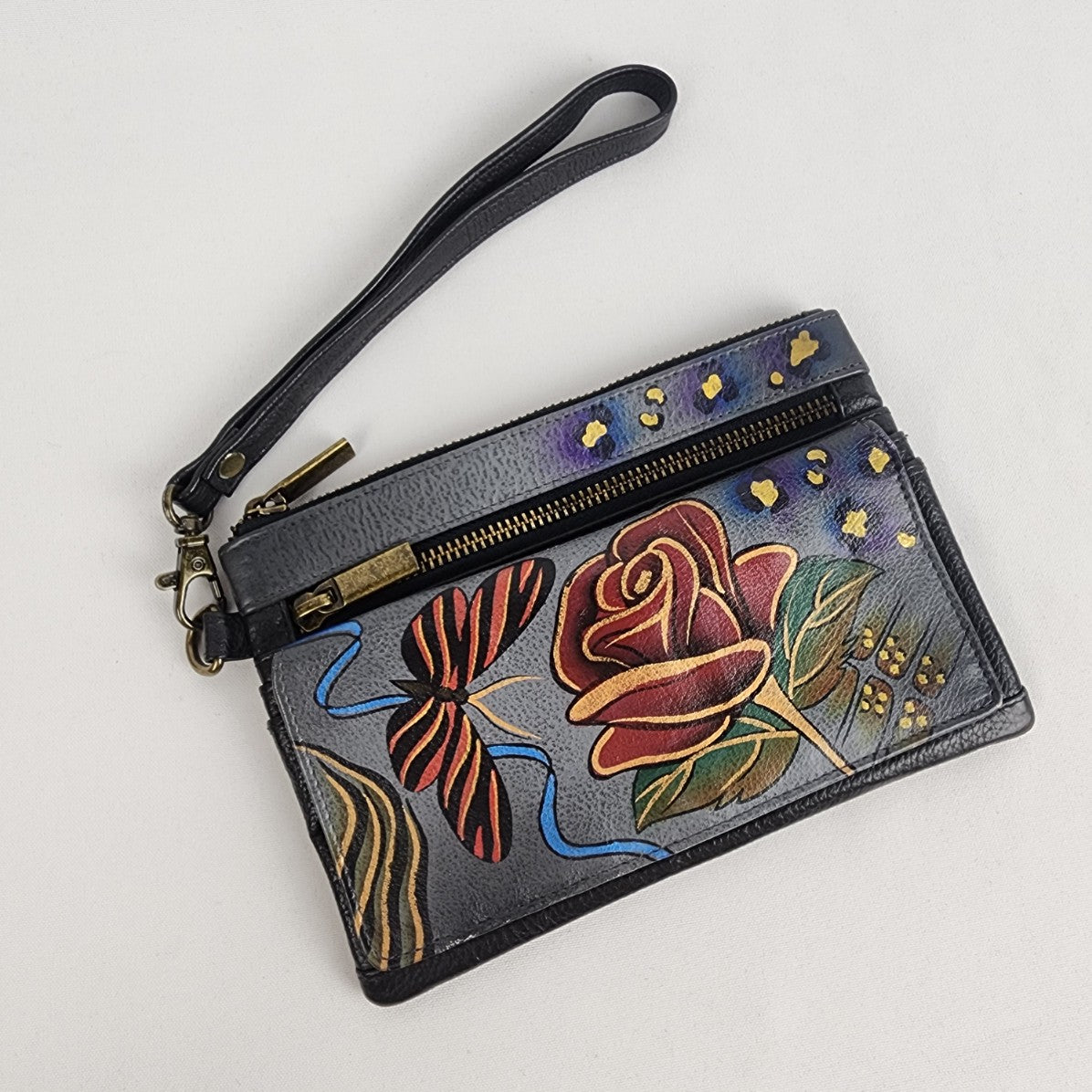 Anna by Anuschka Leather Red Rose Hand painted Wristlet Wallet