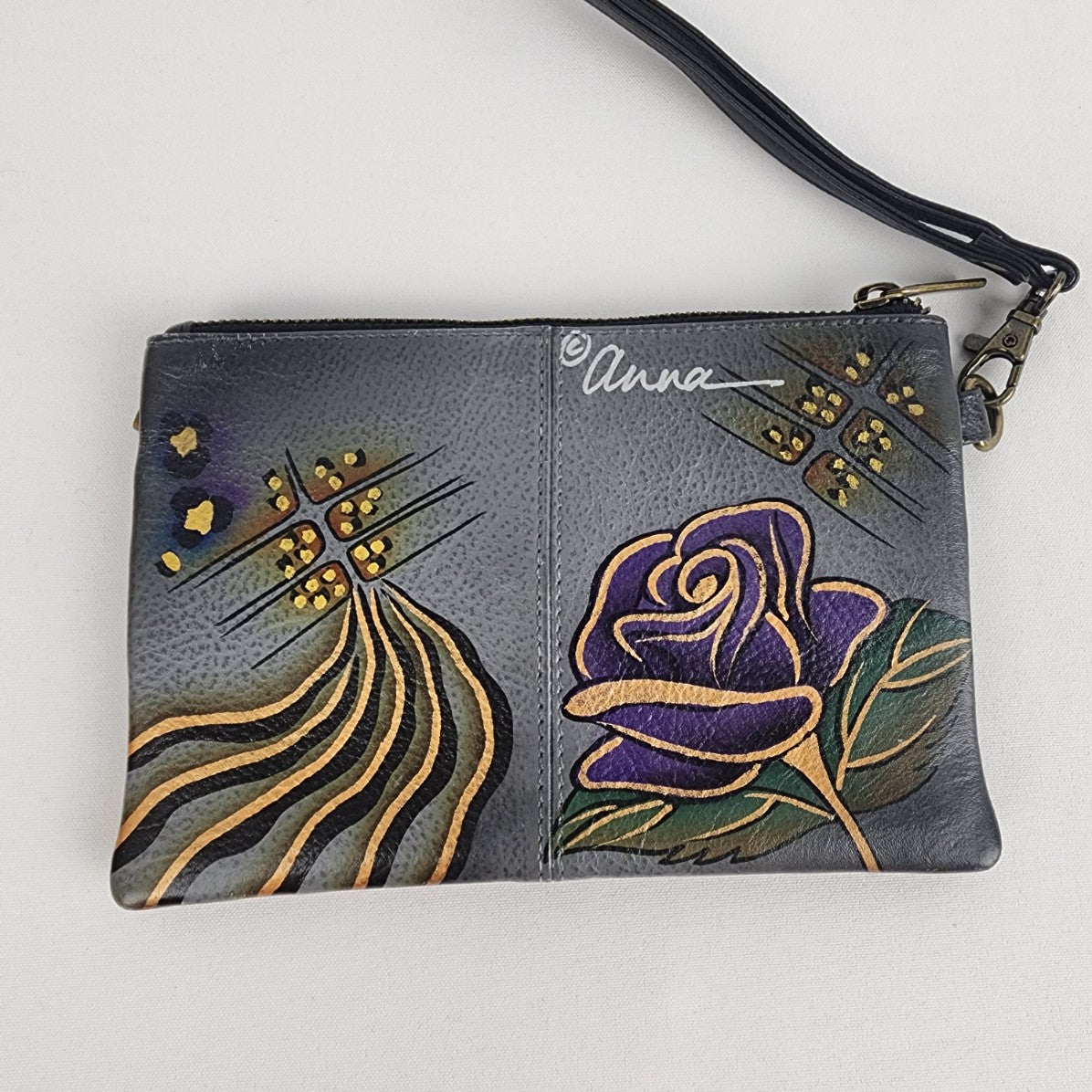 Anna by Anuschka Leather Red Rose Hand painted Wristlet Wallet