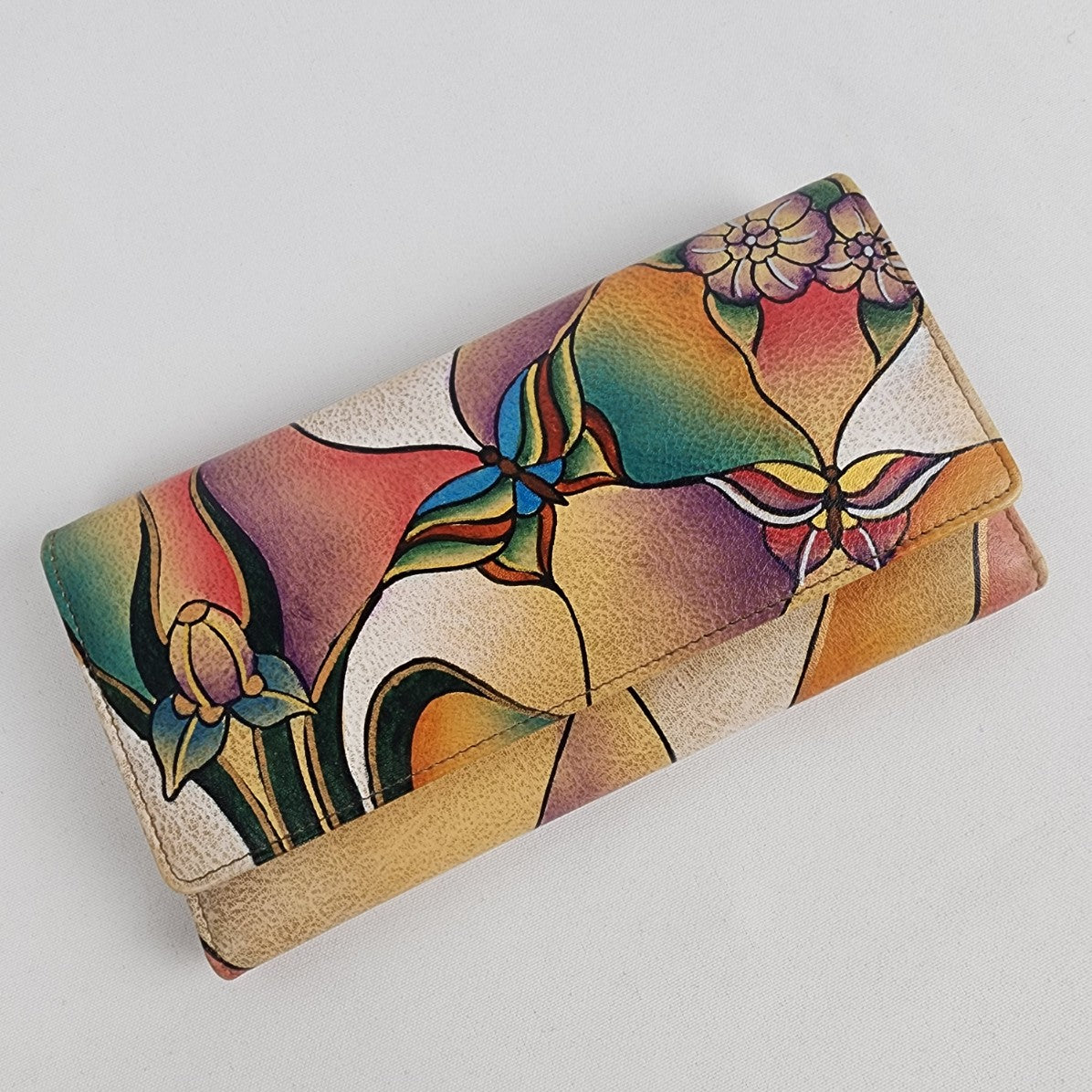 Anuschka Leather Butterfly Hand Painted Multi Pocket Wallet