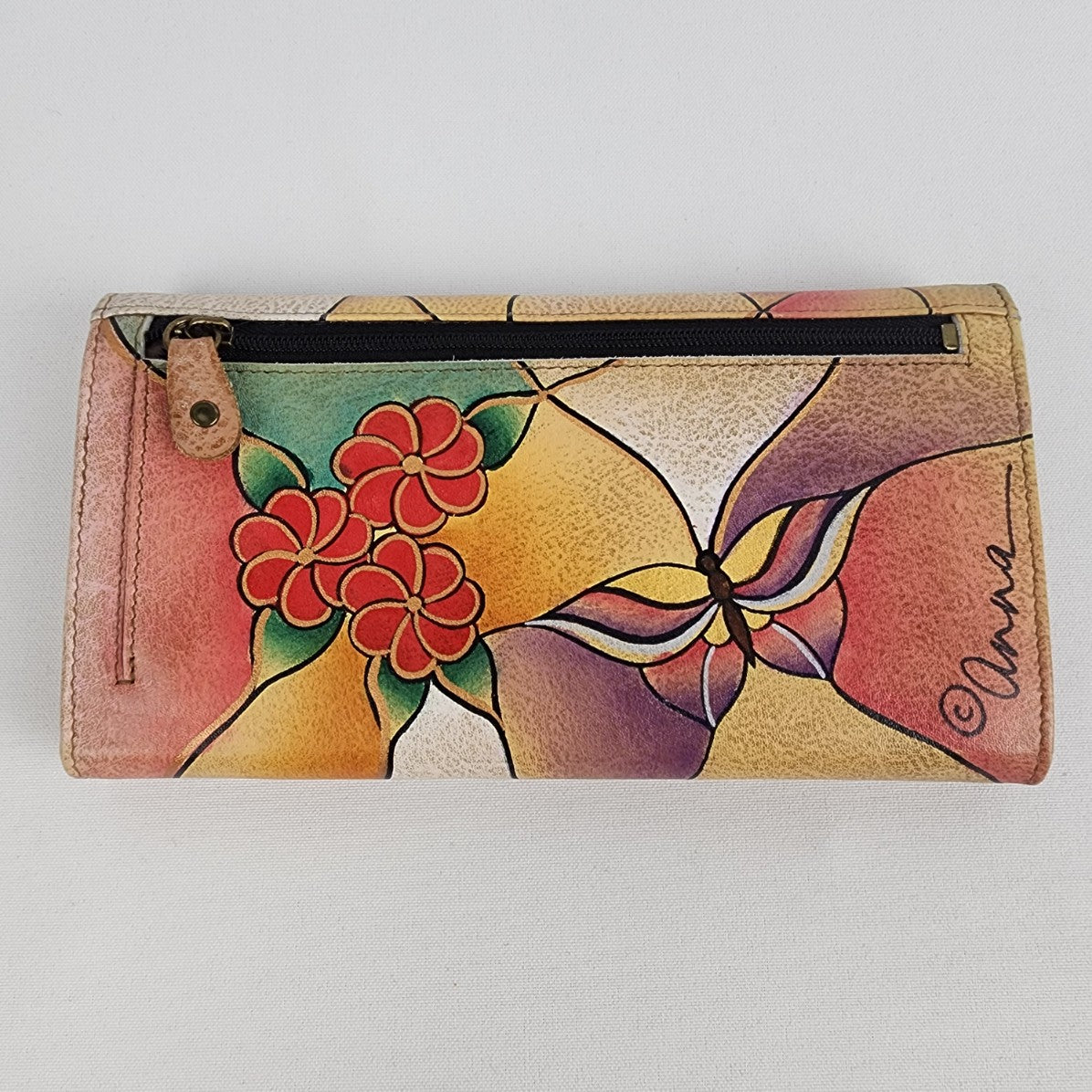 Anuschka Leather Butterfly Hand Painted Multi Pocket Wallet