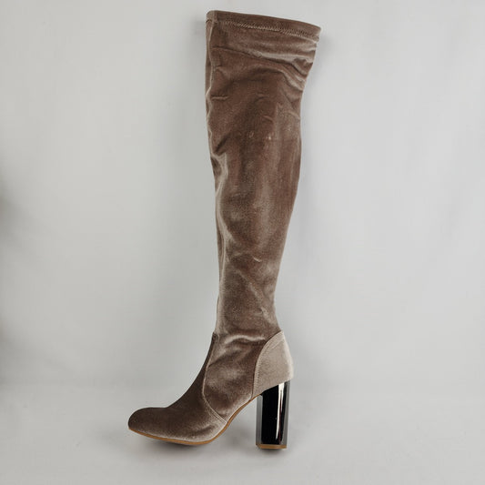 Shoedazzle Taupe Faux Suede Metallic Heeled Over The Knee Boots Size 6.5