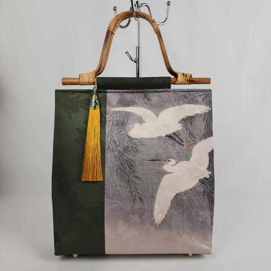 Japanese Birds In Flight Green Wood Handle Purse