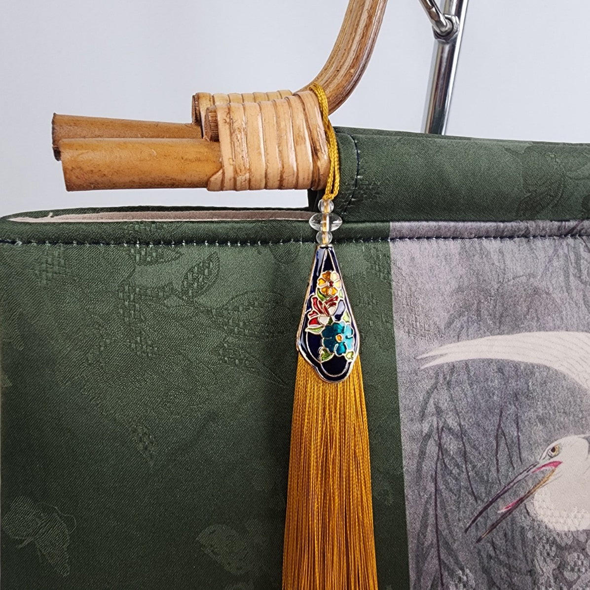 Japanese Birds In Flight Green Wood Handle Purse