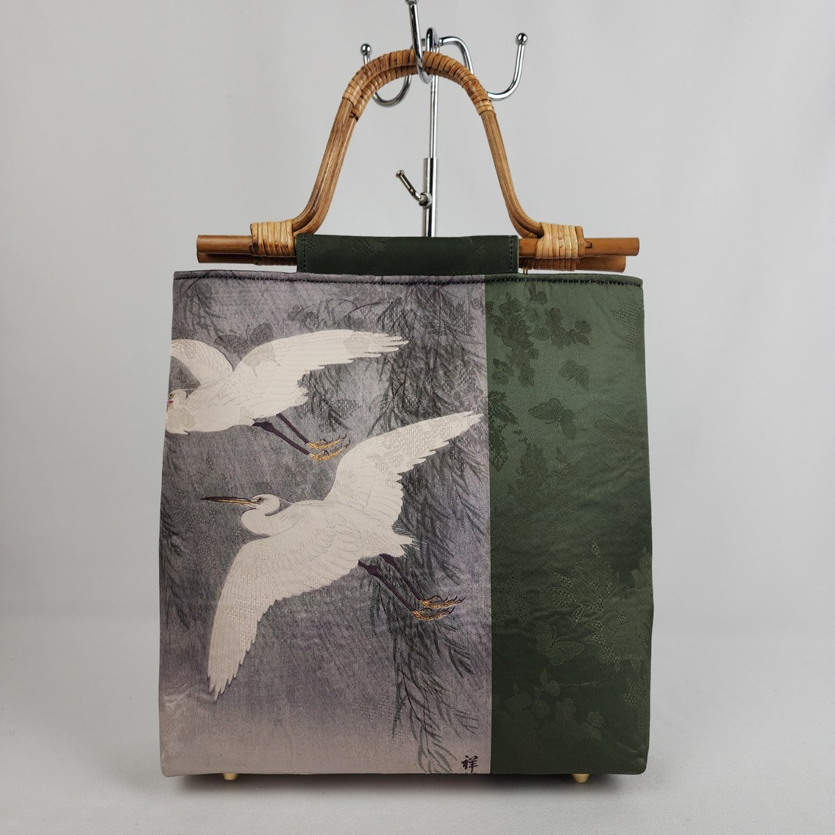 Japanese Birds In Flight Green Wood Handle Purse