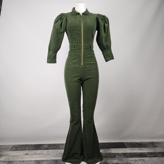 We Wore What Green 70s Corduroy Puff Sleeve Flared Leg Jumpsuit Size XS