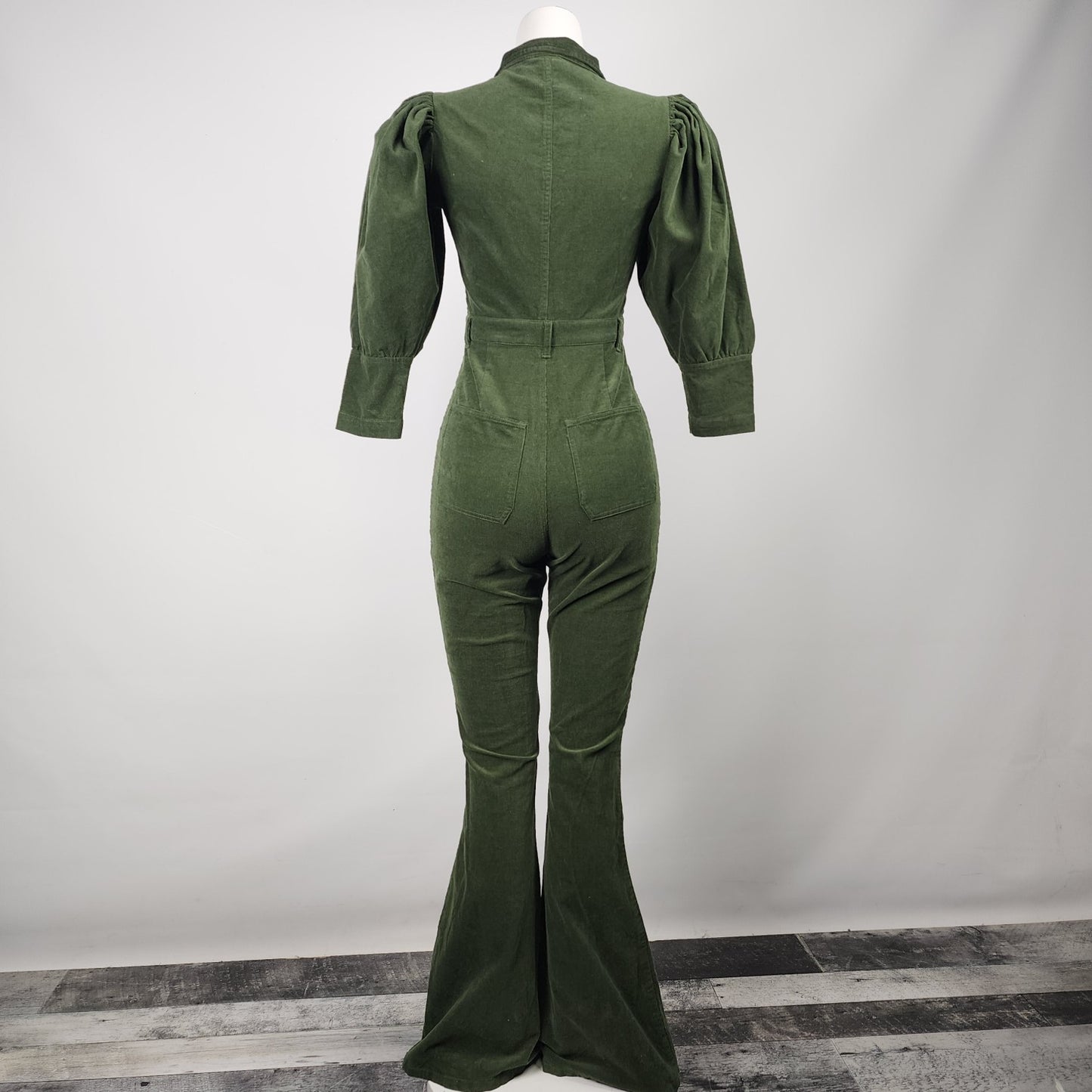 We Wore What Green 70s Corduroy Puff Sleeve Flared Leg Jumpsuit Size XS