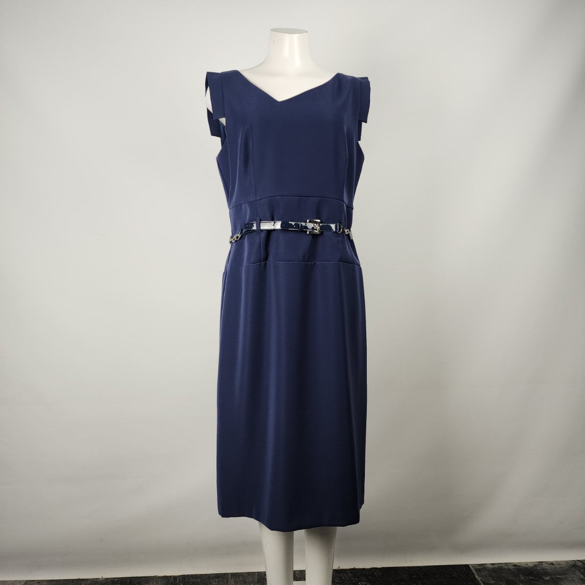 Joseph Ribkoff Blue Asymmetrical Neckline Midi Sheath Dress Size 14