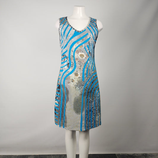 Vintage Arvanti Blue Cotton Patchwork Sleeveless Dress Size M