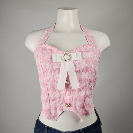 Shein Pink Houndstooth Bow Detail Halter Top Size 8/10