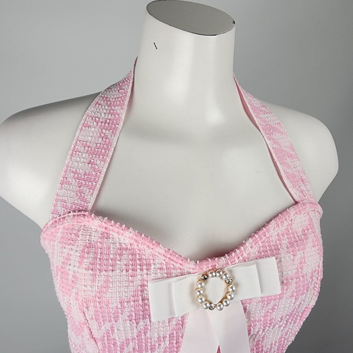 Shein Pink Houndstooth Bow Detail Halter Top Size 8/10