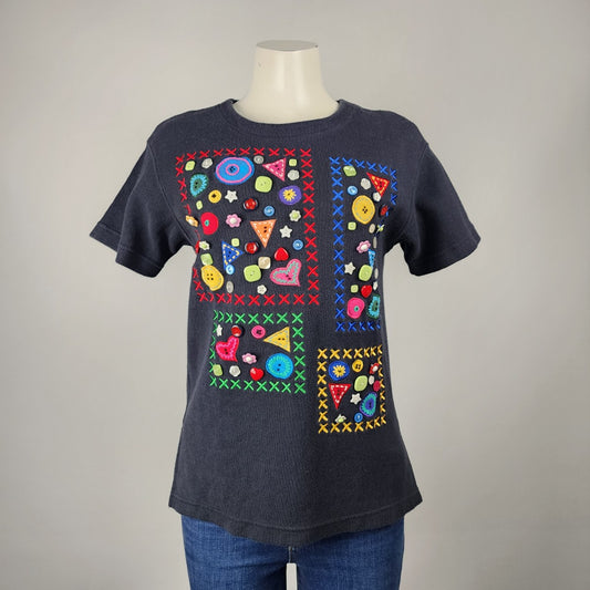 Vintage Bechamel Black Cotton Colorful Button T-Shit Size Small