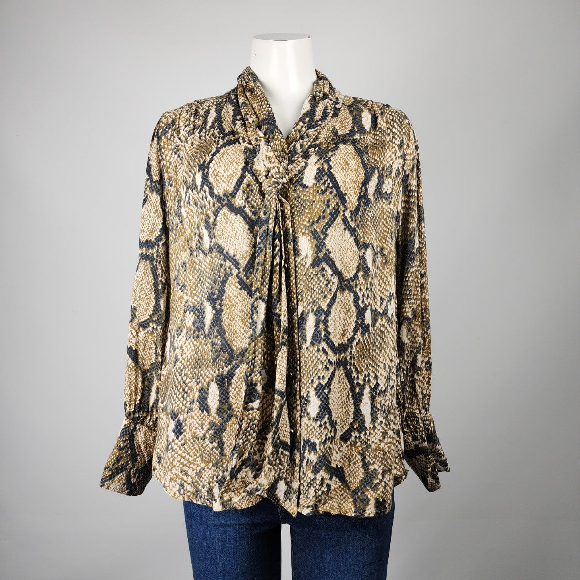 Cynthia Rowley Reptile Print Neck Tie Button Up Blouse Top Size L