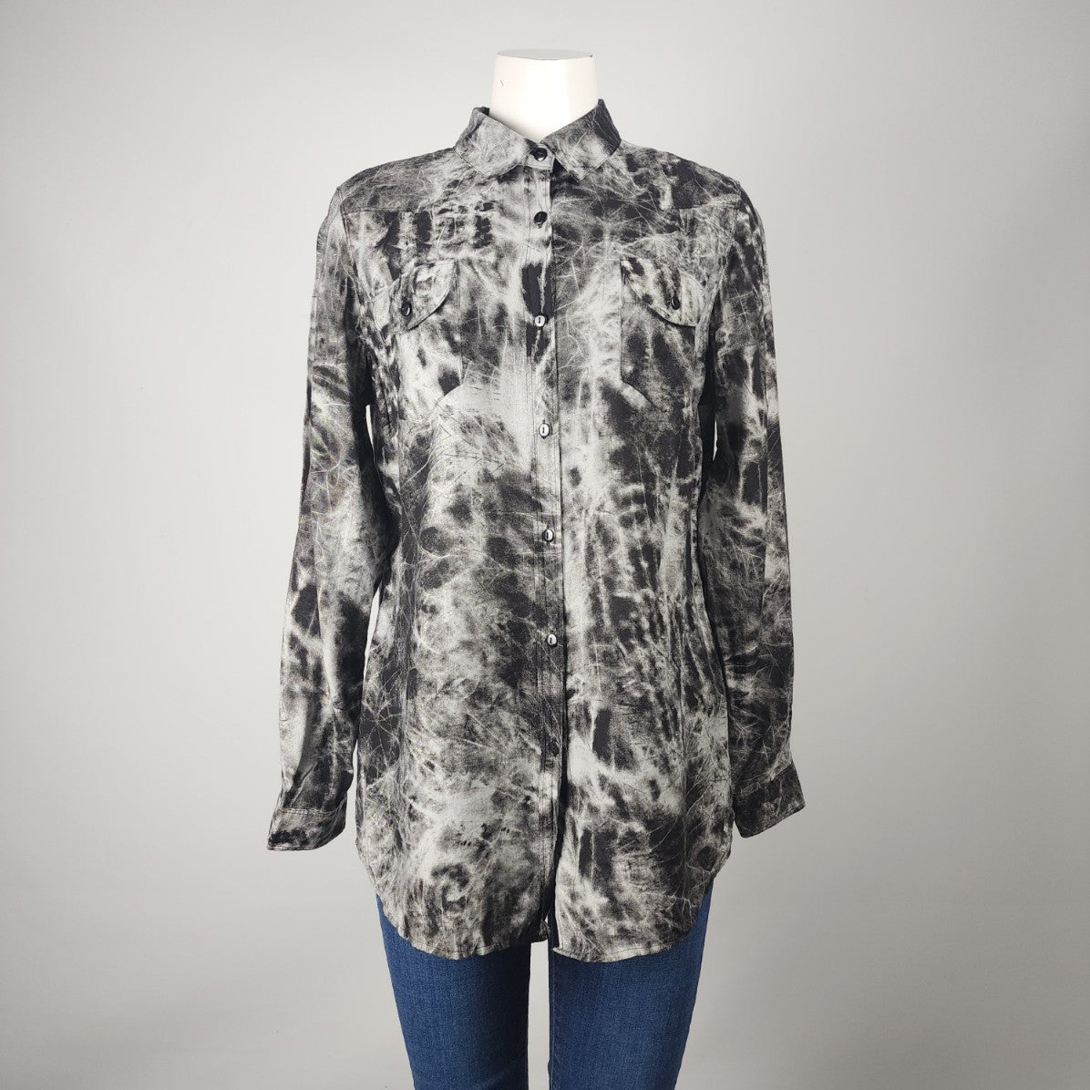 Black Tie Dye Button Up Blouse Top Size L