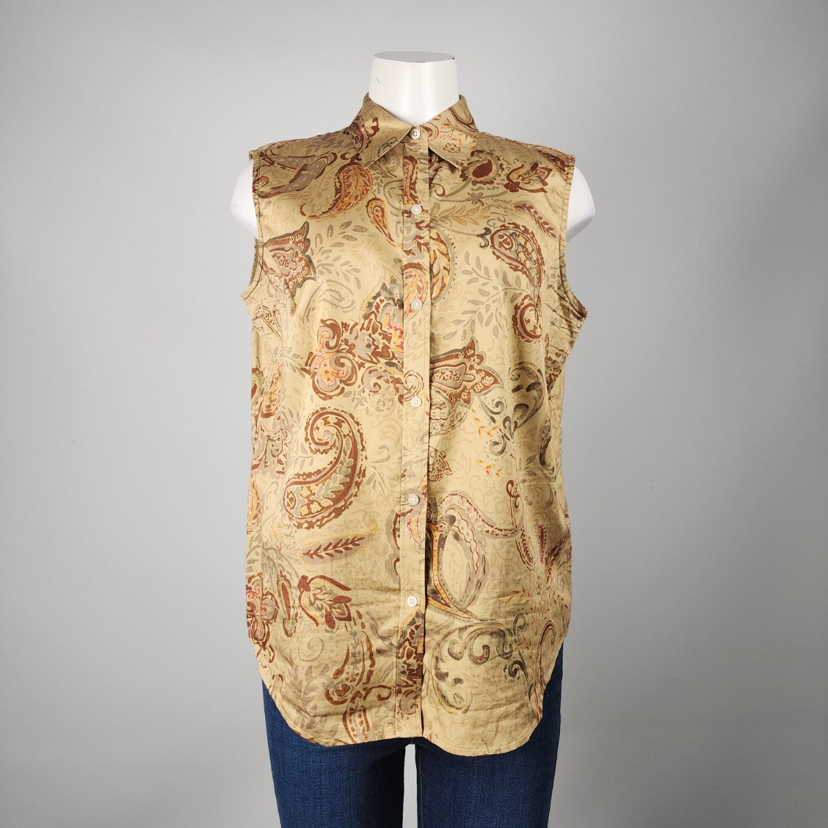 Lauren Ralph Lauren Brown Paisley Cotton Sleeveless Button Up Top Size L