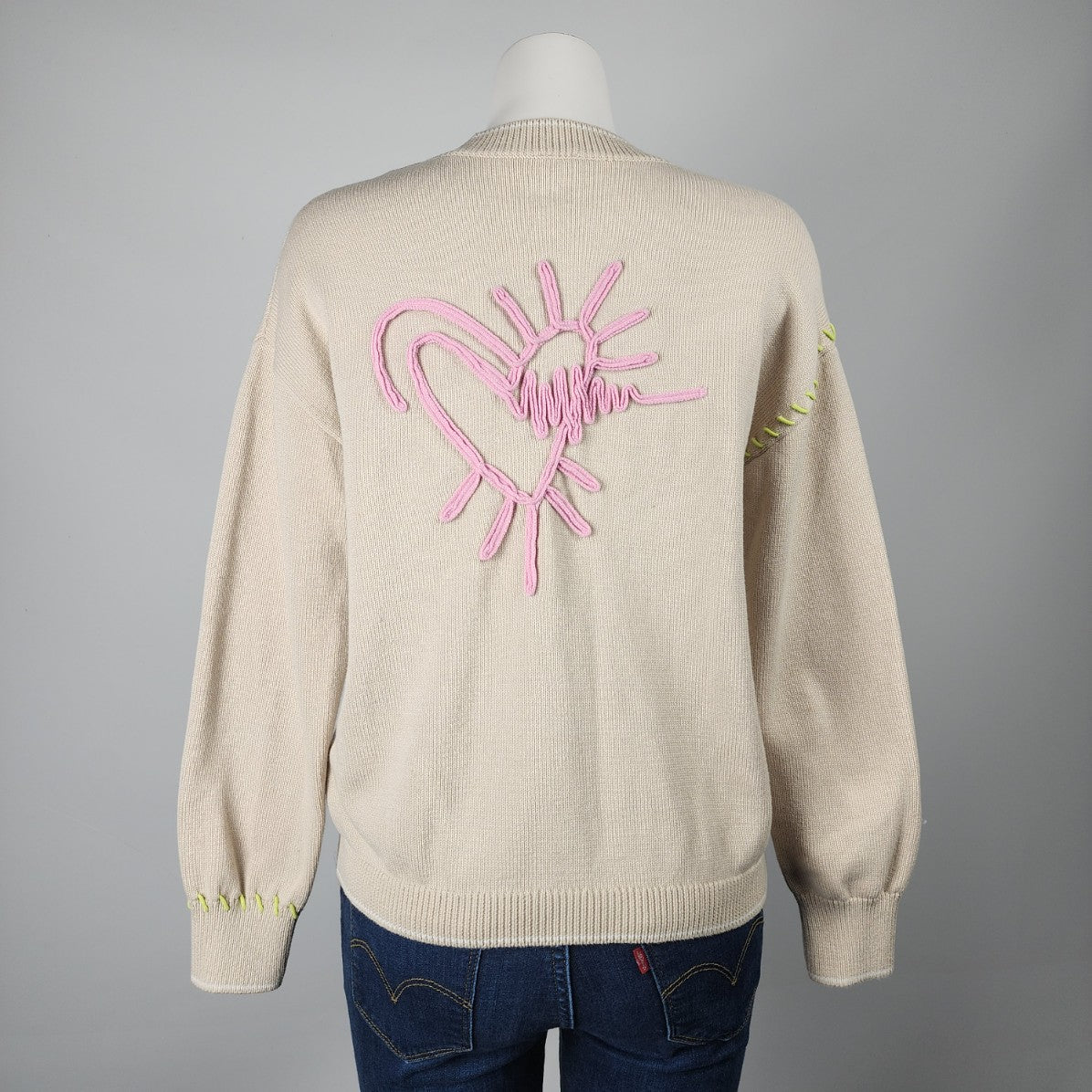 Tristan Cream Cotton Knit Embroidered Heart Sweater Size M