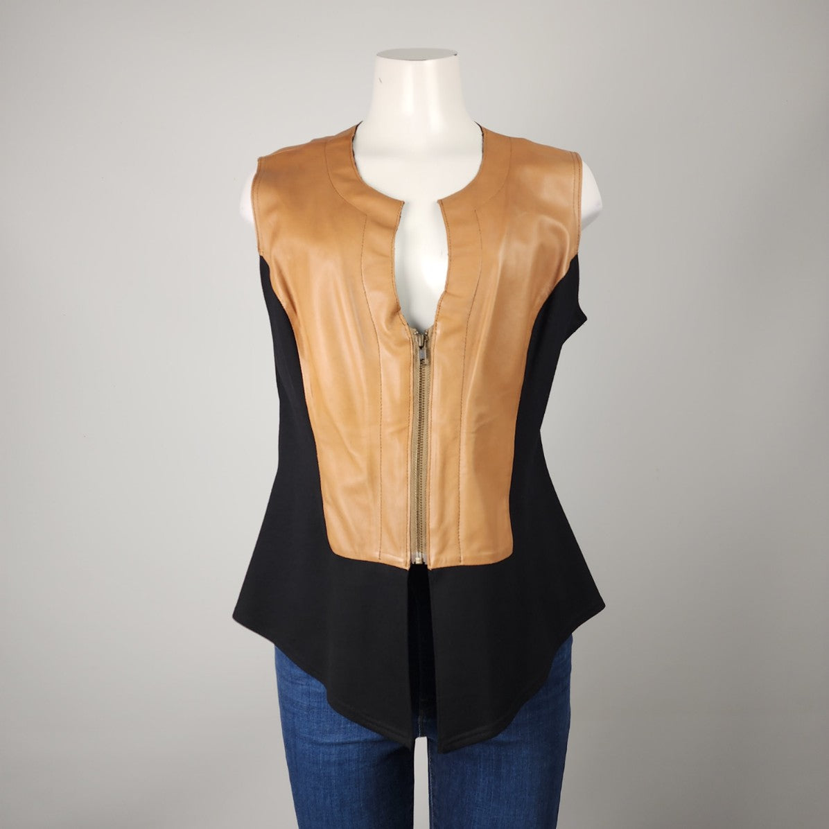 Neto Black & Brown Leather Zip Up Vest Size 14