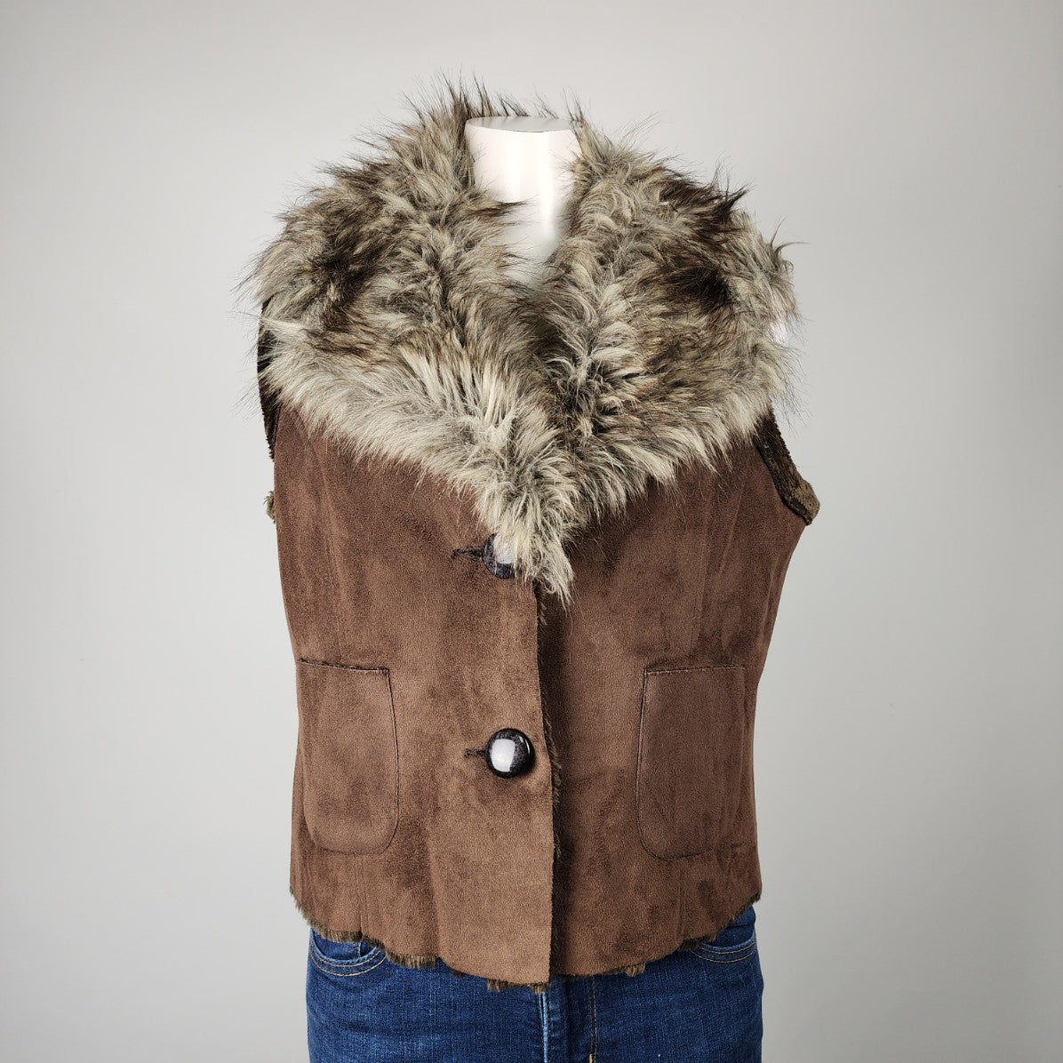 French Spy Brown Faux Fur Trim Button Up Vest Size 14