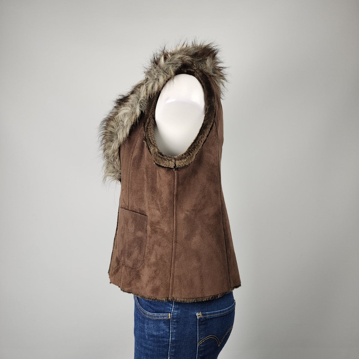 French Spy Brown Faux Fur Trim Button Up Vest Size 14