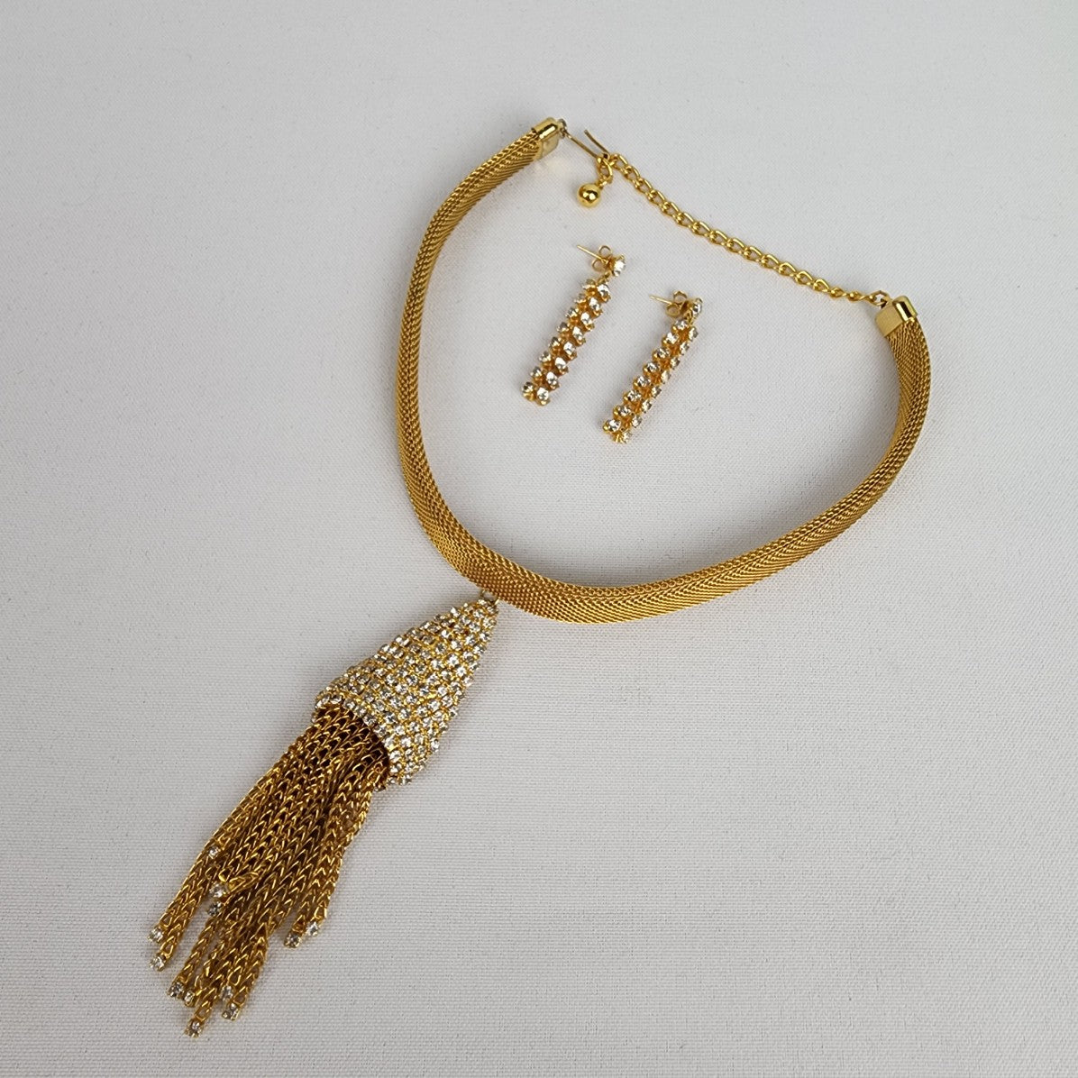 Vintage Gold Tone Crystal Fringe Choker Necklace & Earring Set