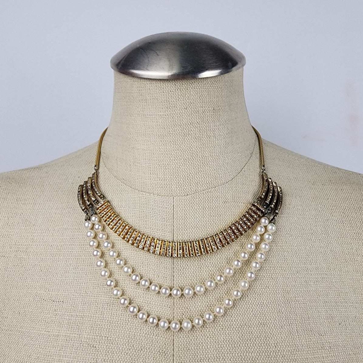 Vintage Gold Tone Faux Pearl Crystal Necklace & Earring Set