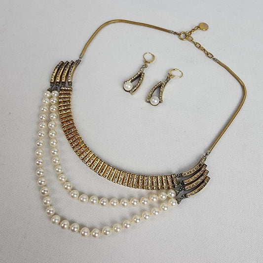 Vintage Gold Tone Faux Pearl Crystal Necklace & Earring Set