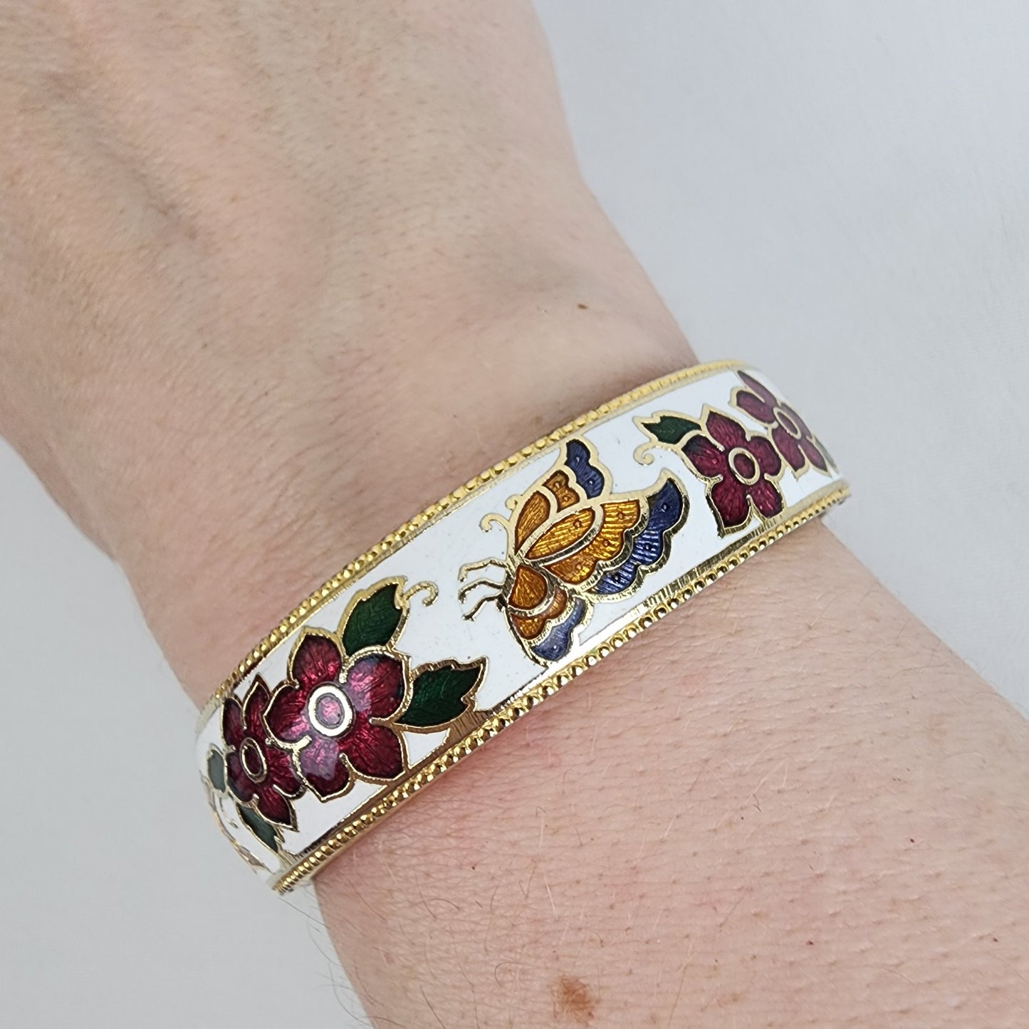 Vintage Cloisonne Gold Tone Butterfly Enamel Metal Hinge Bracelet