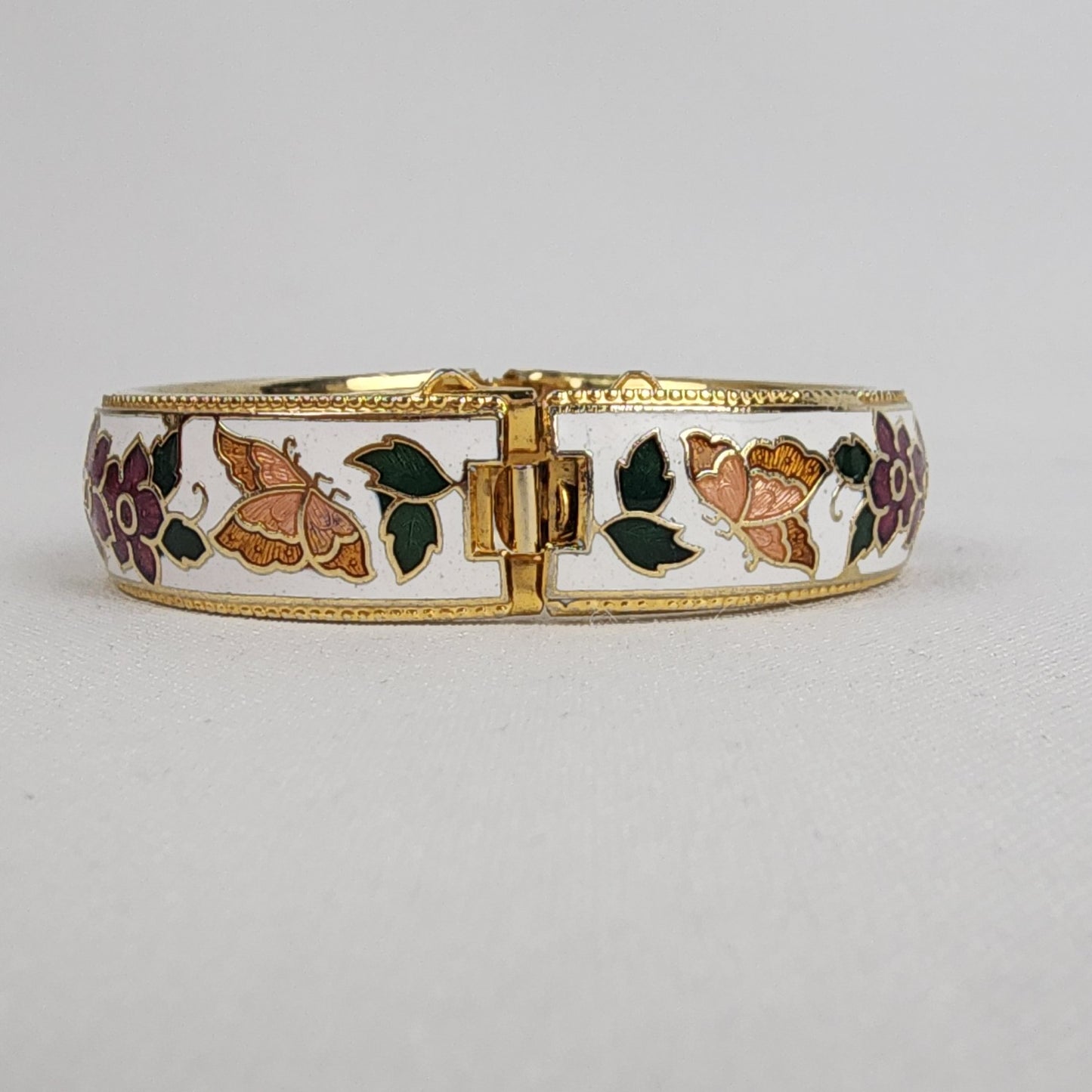 Vintage Cloisonne Gold Tone Butterfly Enamel Metal Hinge Bracelet