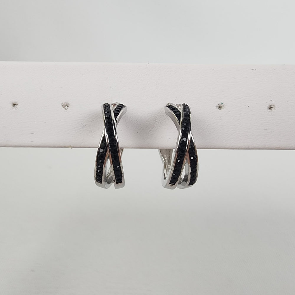 Silver Tone Black Crystal Hoop Earrings