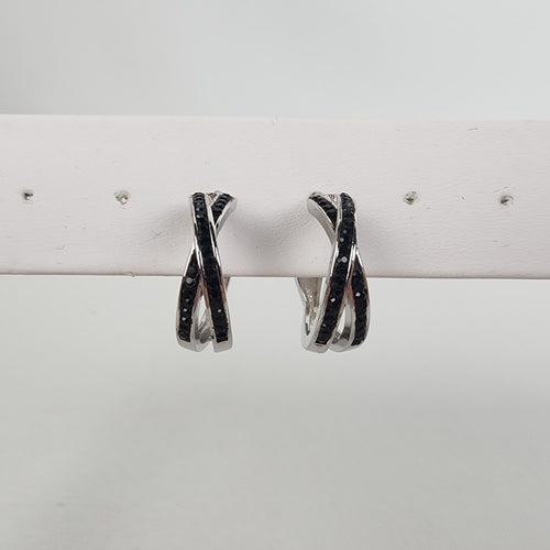 Silver Tone Black Crystal Hoop Earrings