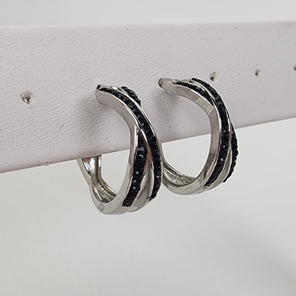 Silver Tone Black Crystal Hoop Earrings