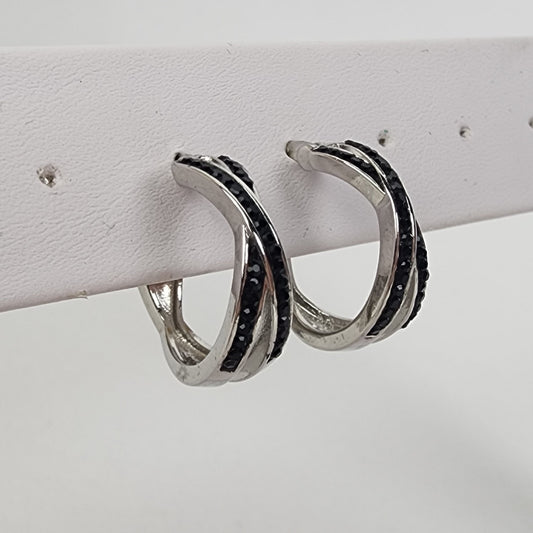 Silver Tone Black Crystal Hoop Earrings