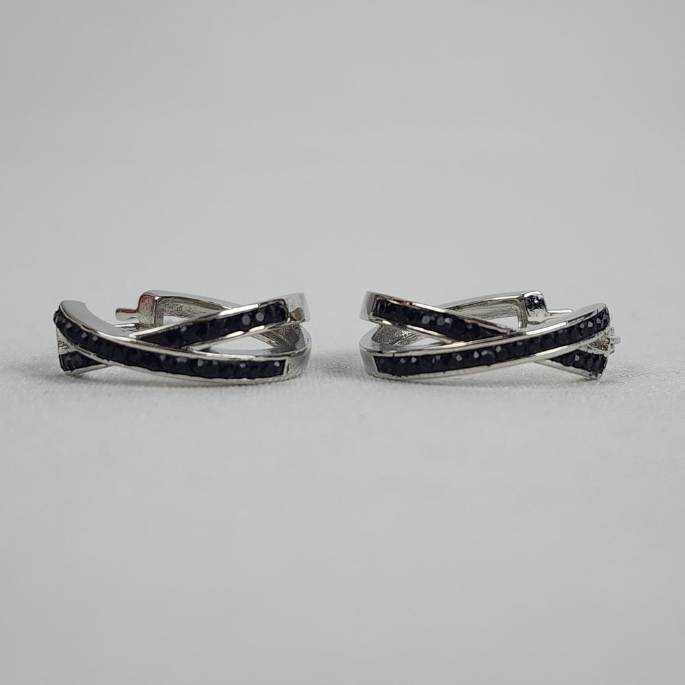 Silver Tone Black Crystal Hoop Earrings