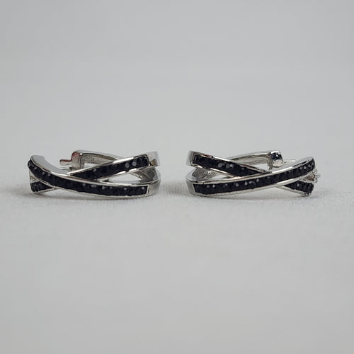 Silver Tone Black Crystal Hoop Earrings