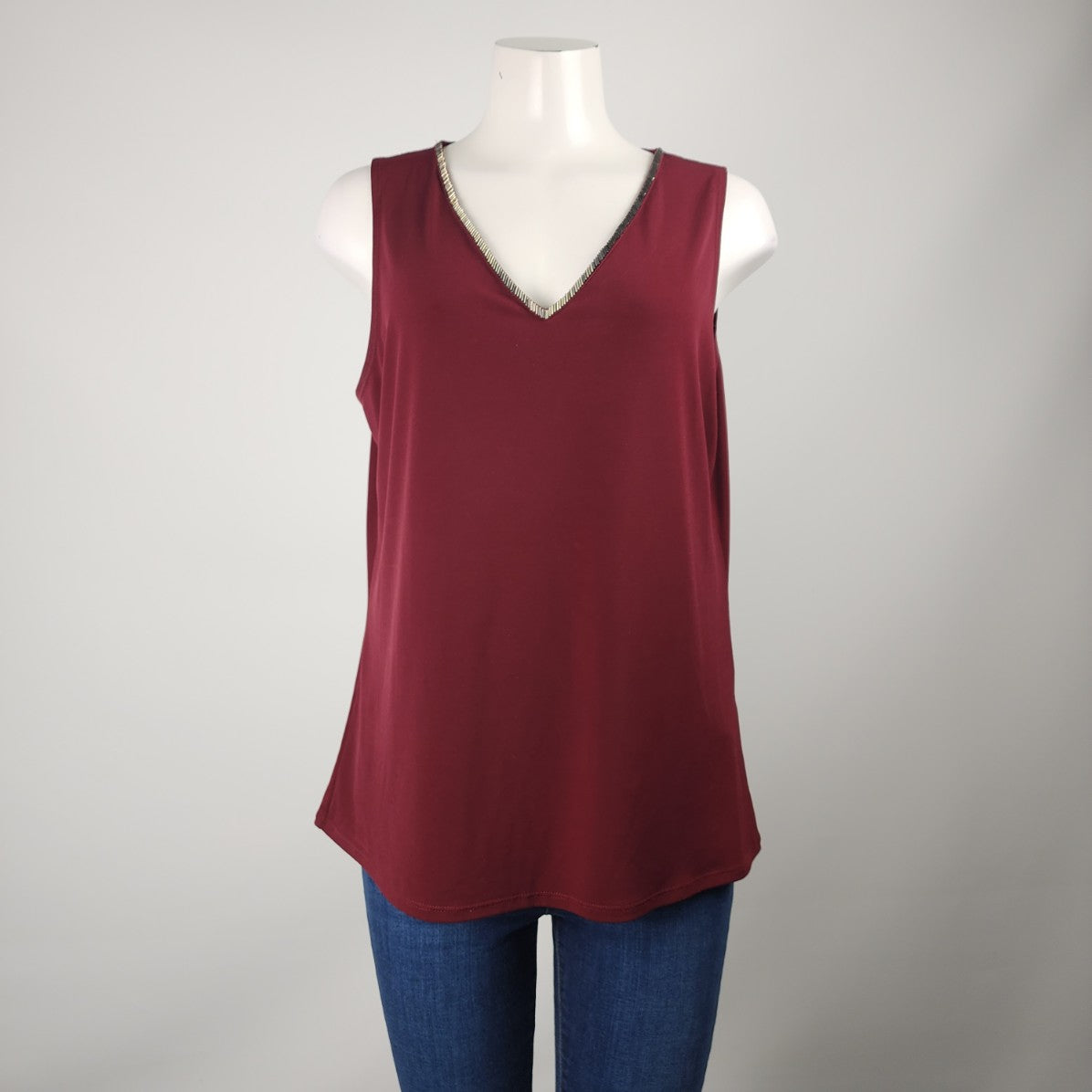 Tahari Burgundy Beaded Neckline Sleeveless Top Size L