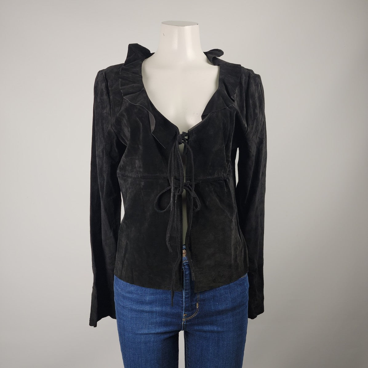 Annex Black Leather Ruffled Neckline Tie Front Jacket Size 12