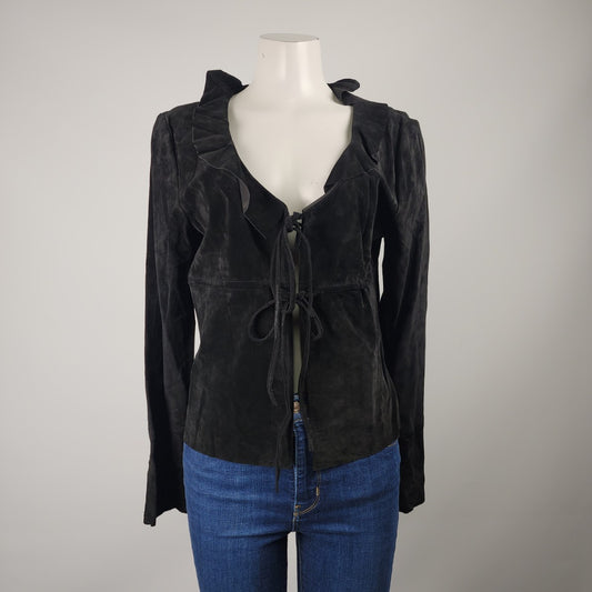 Annex Black Leather Ruffled Neckline Tie Front Jacket Size 12