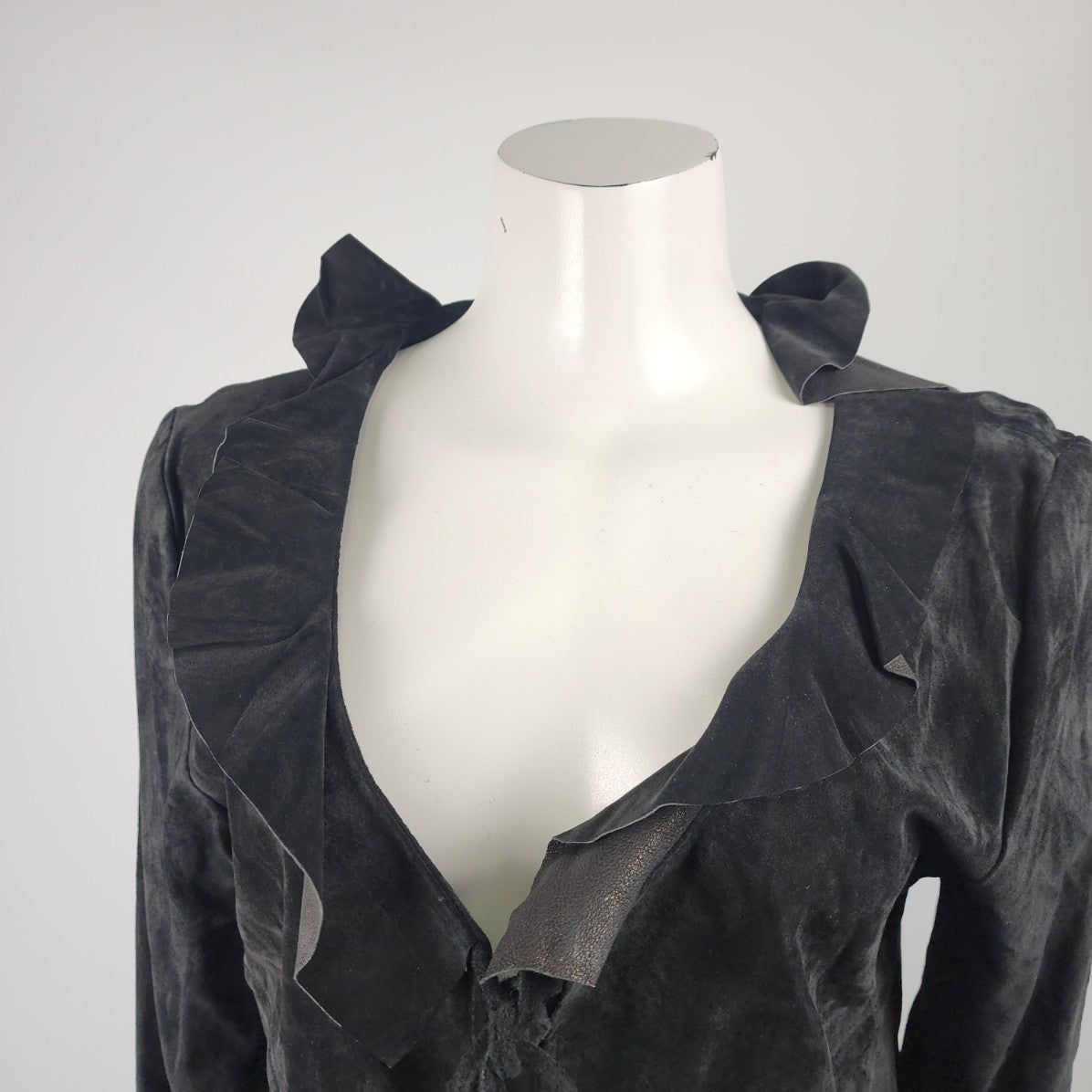 Annex Black Leather Ruffled Neckline Tie Front Jacket Size 12